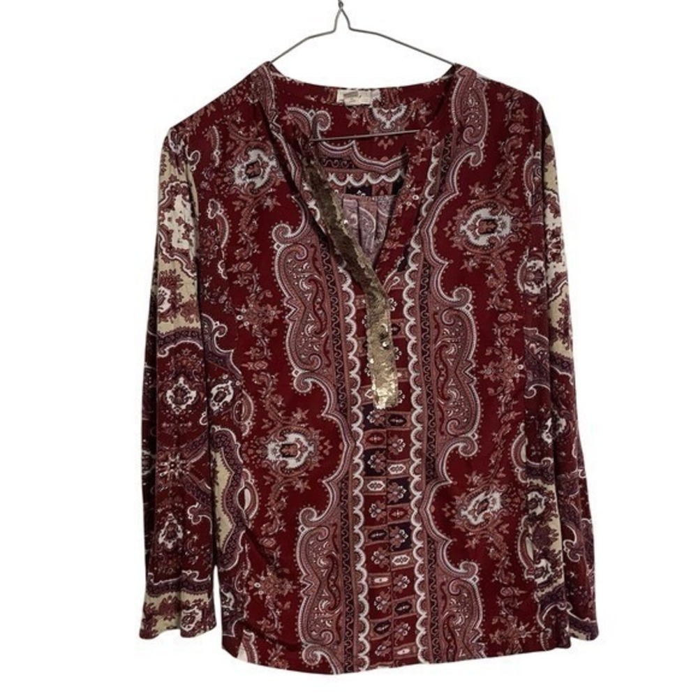 TINY Womens Paisley Sequin Henley Blouse Burgundy Boho Long Sleeve Top Medium - Picture 4 of 8